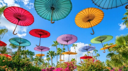 Colorful umbrellas floating in the sky over a tropical garden.