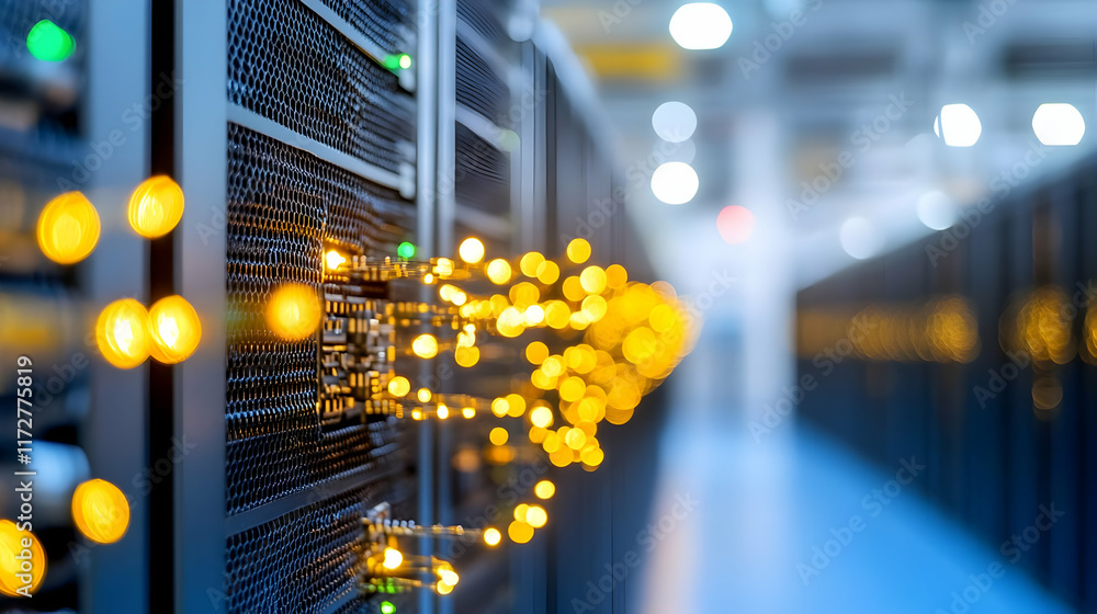 Poster data center servers transferring information, illuminated with glowing particles, showcasing advance