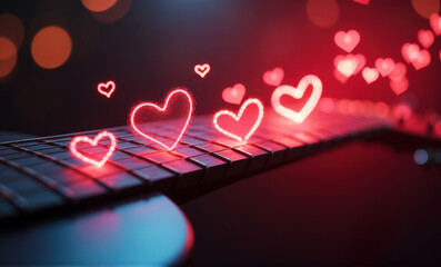 Valentine's day background with guitar and shining hearts