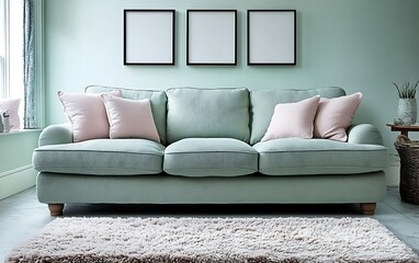 Pastel green sofa in living room, fluffy rug, calm background, home decor.