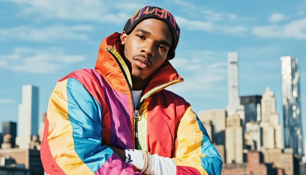 Young stylish man posing with colorful jacket and new york city skyline in background