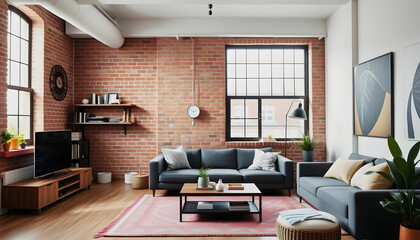 modern vintage brick loft apartment with flares, with white tones