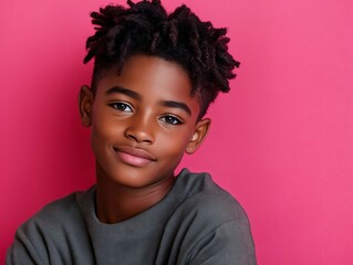 A young boy with dreadlocks smiles at the camera