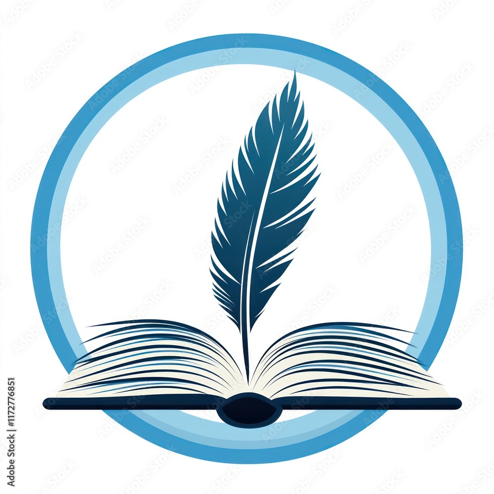 Poster quill pen resting on an open book inside a circle