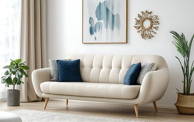 Beige sofa in modern living room, plants, art. Home decor inspiration.