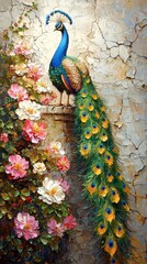 Obraz premium Elegant peacock amid colorful flowers natural setting artistic representation vibrant garden close-up view beauty in nature
