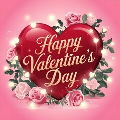 A festive Valentine's Day image featuring a large, glossy red heart that says Happy Valentine's Day in elegant gold lettering (2)