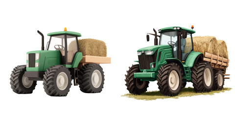 Obraz premium Bright green tractors pulling hay carts in vibrant farm setting