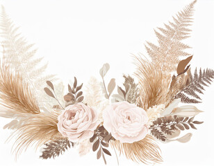 Rust orange and blush pink antique rose, beige and pale flowers, creamy peony, ranunculus, dahlia, pampas grass, fall leaves wedding vector bouquet. Floral watercolor arrangement.Isolated and editable