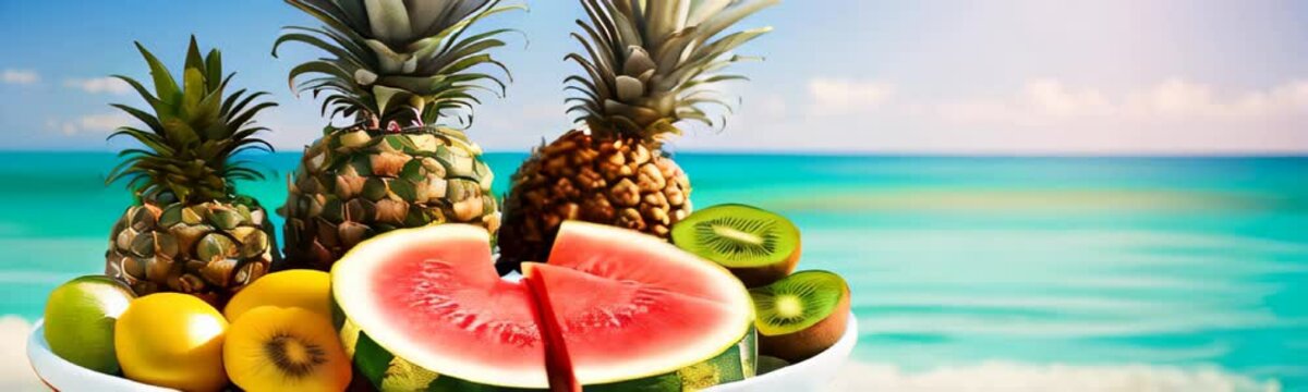 Plate with fresh fruits against turquoise ocean backdrop, copy space for text. Luxury resort. Travel and vacation concept. Banner template