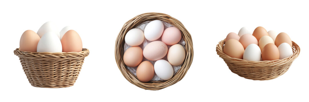 Baskets filled with fresh eggs in various colors and sizes, showcasing natural beauty and abundance