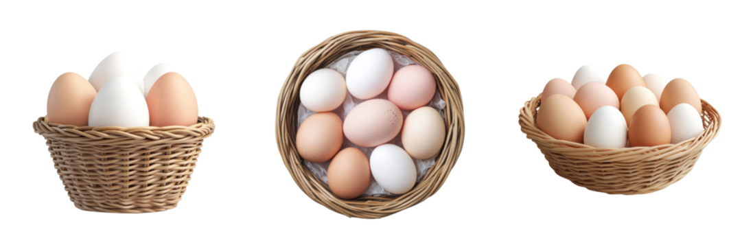 Baskets filled with fresh eggs in various colors and sizes, showcasing natural beauty and abundance