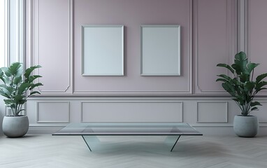 Modern pink room interior, glass coffee table, plants, blank frames, elegant design.