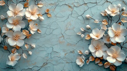 Fototapeta premium Delicate floral design on cracked blue wall art display indoor setting aesthetic perspective home decor