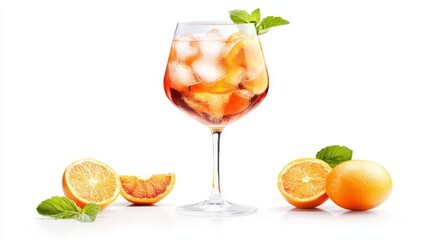 Fototapeta premium Classic Italian Spritz Cocktail with Orange Slices and Mint Garnish on White Background.