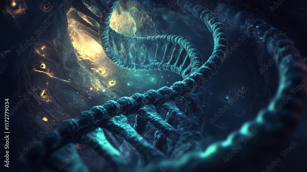 Poster journey through the genetic code an abstract 3d rendering of a dna strand in blue and green hues.