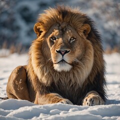 Obraz premium A majestic lion sitting calmly on a white snow-covered landscape, with its golden mane glowing under soft sunlight.