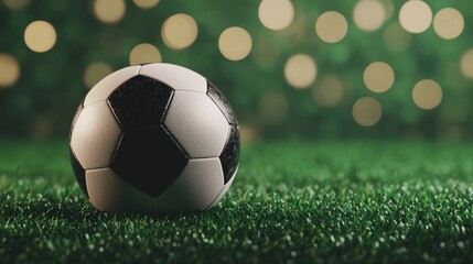 Soccer ball on grass field with blurred lights in background