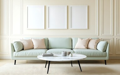 Mint sofa, three frames, living room interior design mock-up.