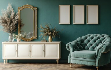 Teal room interior design; elegant armchair, console table, mirror, frames. Mockup use.