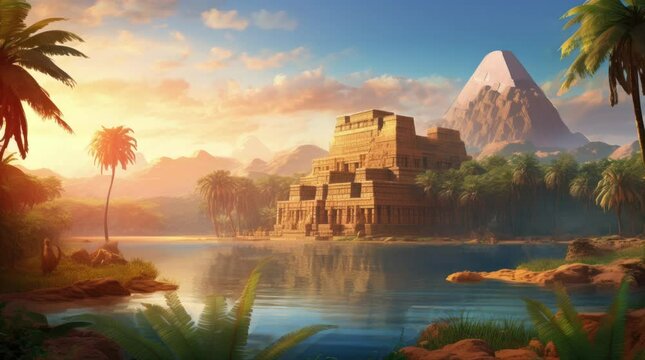 A view of ancient Egyptian buildings, a pond, and a forest in the morning. 4k animated video