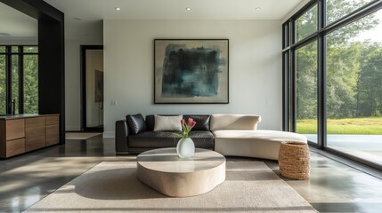 Fototapeta premium Generative AI, A stylish living room with a black leather sofa, curved beige daybed, and abstract teal wall art