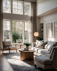 Fototapeta premium Elegant traditional living room design with light neutral couch large windows and plush rug under furniture
