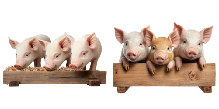 Three adorable piglets eating from trough, showcasing their playful nature and curiosity
