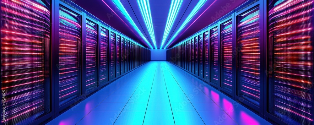 Poster futuristic data center with colorful led lights and server racks