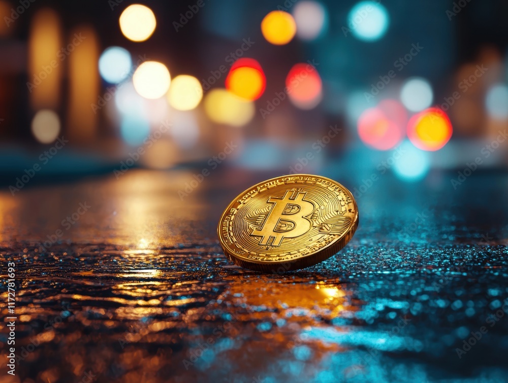 Poster shiny bitcoin coin on wet surface with colorful blurred background