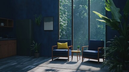 Serene blue room with large window, two armchairs, plants, and kitchenette.