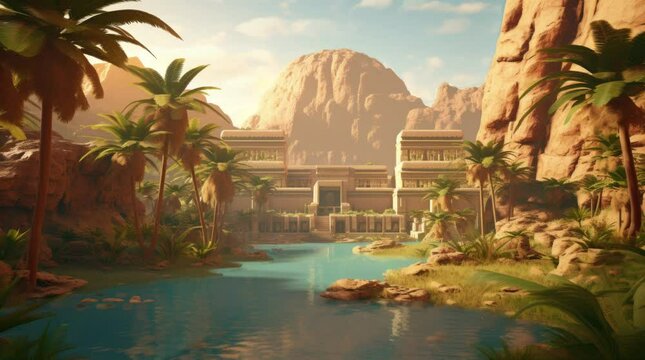 A view of ancient Egyptian buildings, a pond, and a cliff. 4k animated video