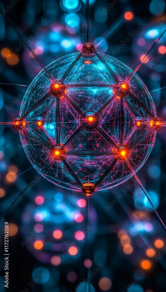 Poster glowing neural connections abstract digital web of nodes and lines on dark background