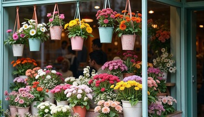 Charming flower shop window display with hanging and potted flowers