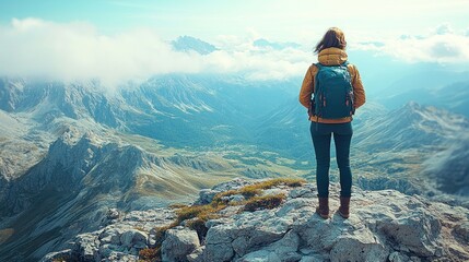 Woman hiker mountain peak panorama view travel adventure.