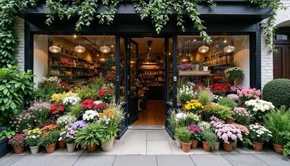 Charming flower shop with various plants and flowers on display