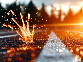 Naklejka premium Golden Hour Liquid Splash on Asphalt Road Dramatic Sunset Backdrop