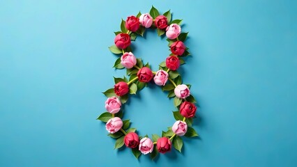 March 8, Women's Day. Large number eight with spring flowers and leaves on blue background