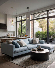 Fototapeta premium Serene traditional living room design featuring a neutral sofa large windows for natural light and a rug placed under the furniture