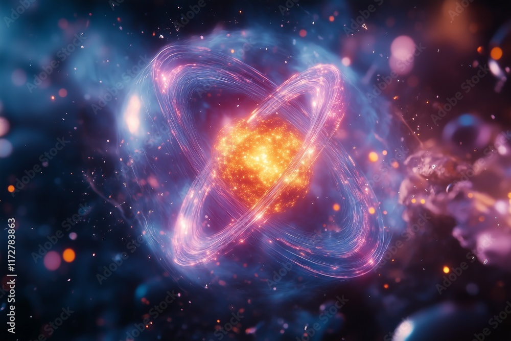 Poster glowing energy sphere with orbiting rings creating a quantum universe