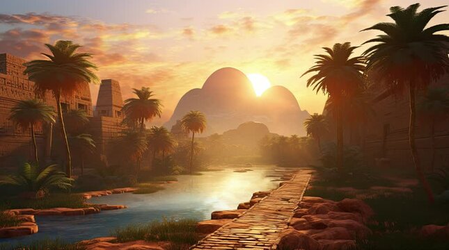 A view of ancient Egyptian buildings, a pond, and the sun. 4k animated video