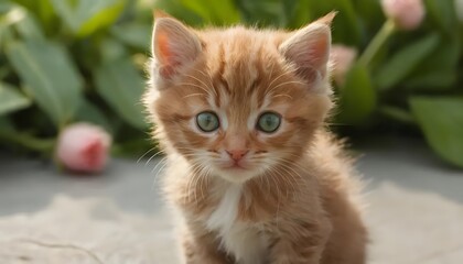 Obraz premium Adorable Ginger Kitten Amidst Spring Blossoms: A Charming Portrait