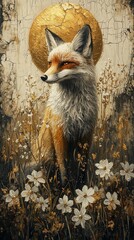 Majestic fox portrait in a flower field under a golden sun nature art serene landscape animals
