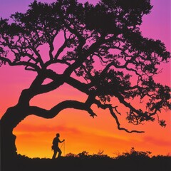 Hiker Silhouette Under Majestic Tree During Vibrant Sunset