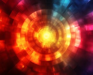Abstract colorful concentric circles radiating light.