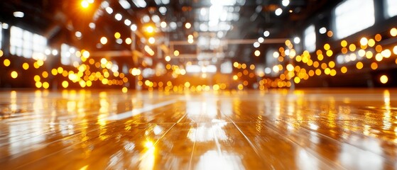 Fototapeta premium Gleaming Wooden Court Floor with Warm Bokeh Lights Indoor Sports Arena Background