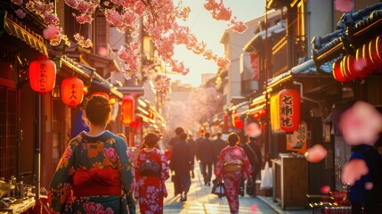 Serene Sunset Stroll in Japan's Cherry Blossom Lane: A Kimono-Clad Woman Amidst Traditional Architecture and Warm Golden Hour Light