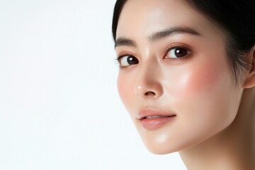 Fototapeta premium Close-Up Portrait of Japanese Woman Model with Bare Skin for Beauty and Skincare Advertisement, Isolated on White Background