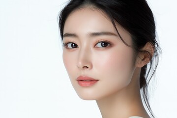 Naklejka premium Close-Up Portrait of Japanese Woman Model with Bare Skin for Beauty and Skincare Advertisement, Isolated on White Background
