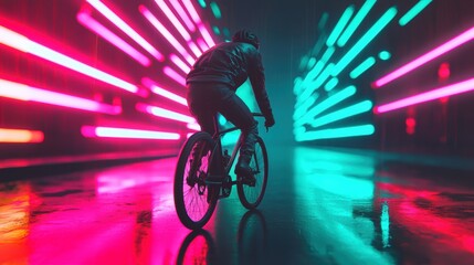 Cyclist Riding Through Neon Lights in Urban Night Scene